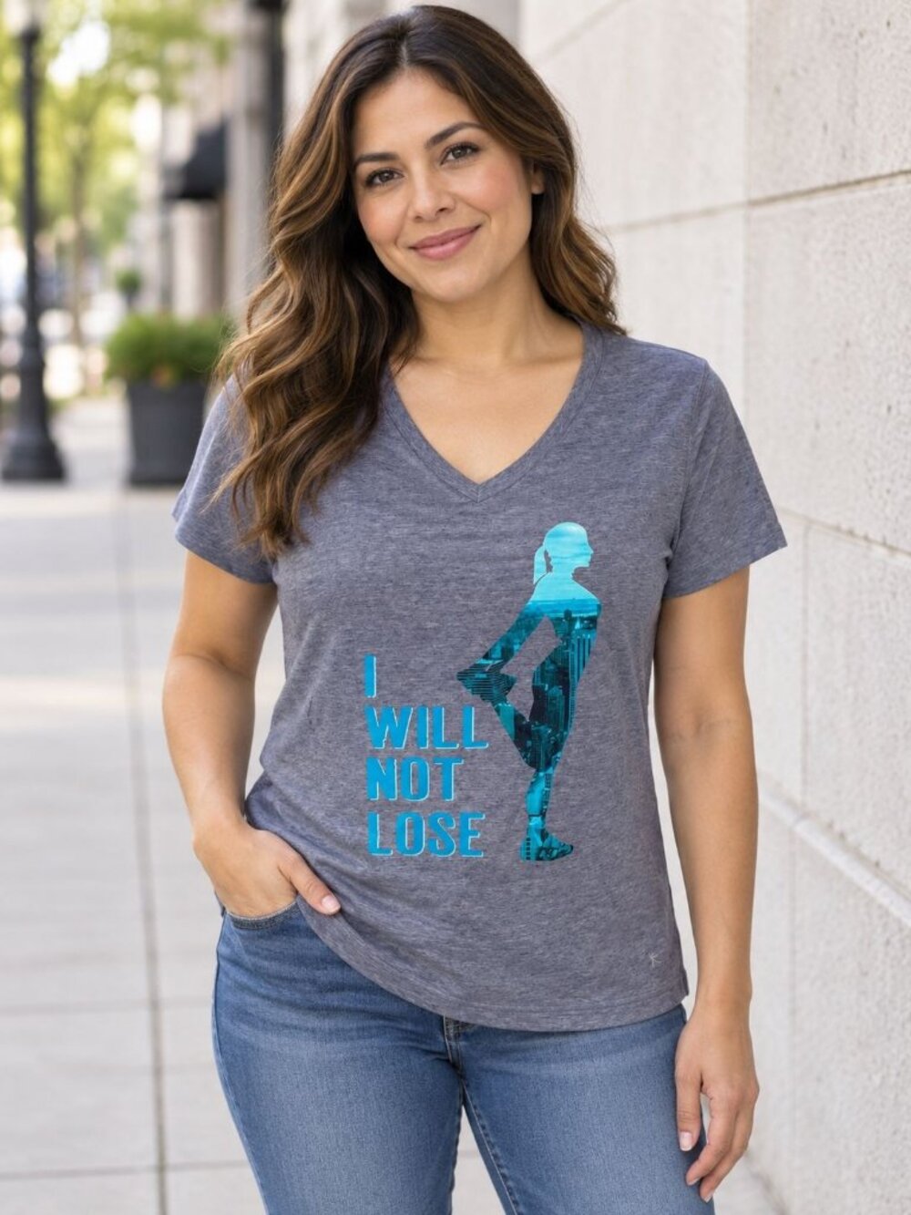 Danskin Now Womens V-Neck Tee S Semi Fitted Graphic Gray/Blue Stretch Activewear